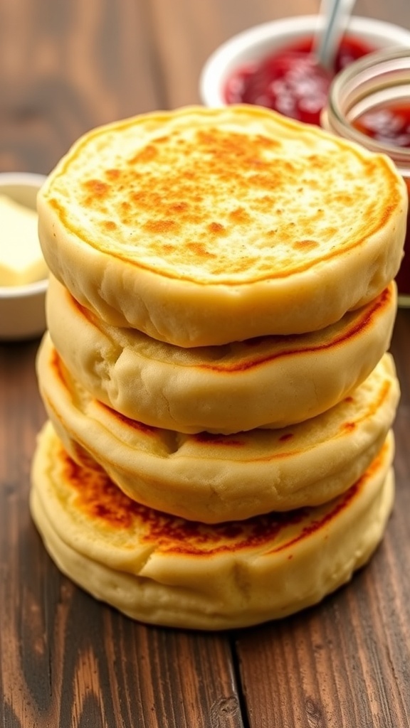 Freshly baked English muffins stacked on a wooden table, with one muffin split open to show the soft interior, accompanied by butter and jam.